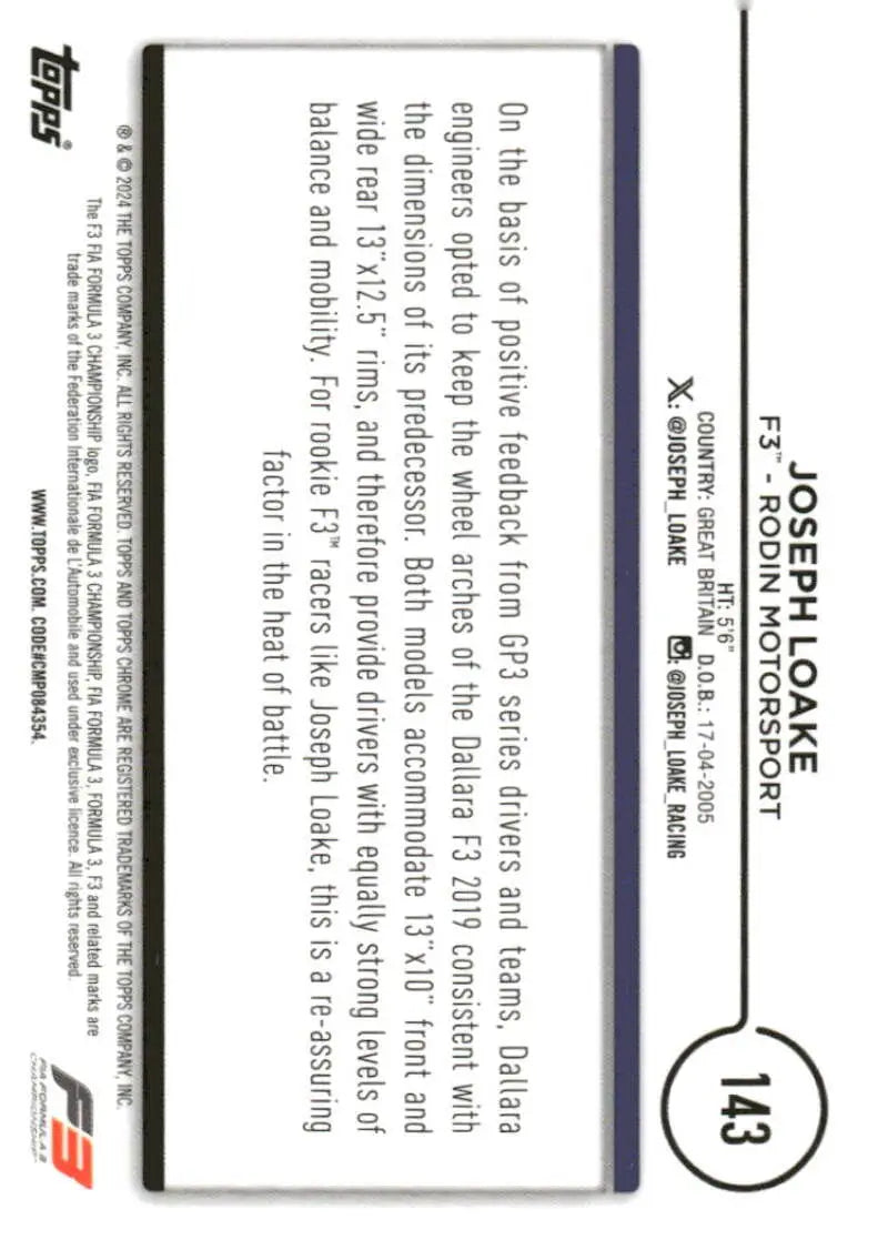 Joseph Loake F3 trading card from Rodin Motorsport in 2024 Topps Chrome Formula 1 set