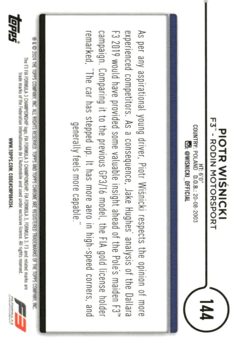 Formula 3 trading card featuring Piotr Wisnicki from Topps Chrome Formula Racing collection