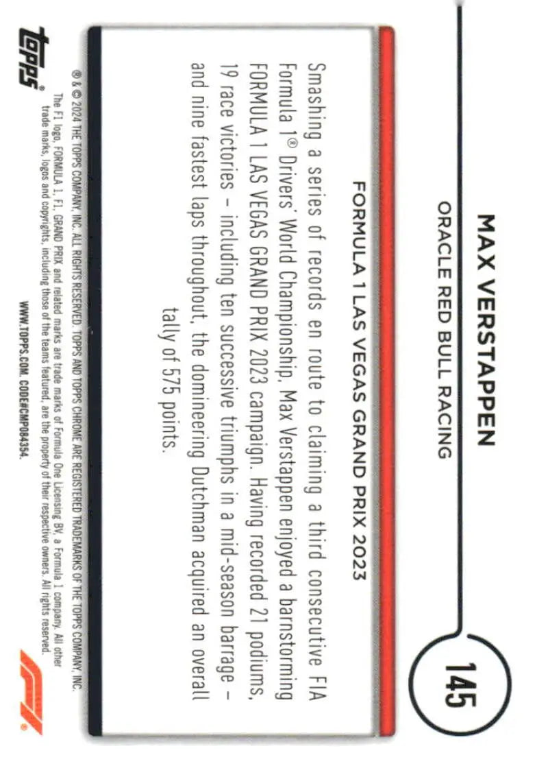 Back side of 2024 Topps Chrome Formula 1 Max Verstappen Oracle Red Bull Racing card