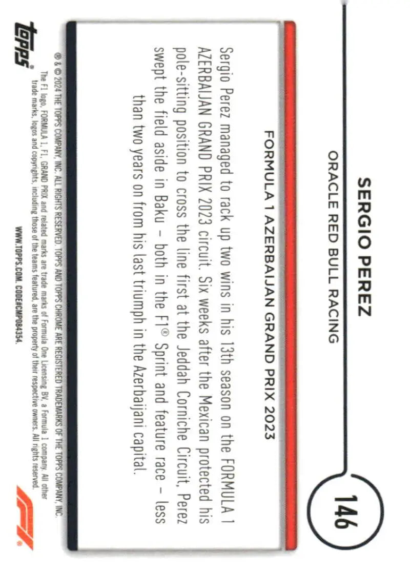 Sergio Perez Formula 1 trading card featuring Oracle Red Bull Racing and Red Bull Racing