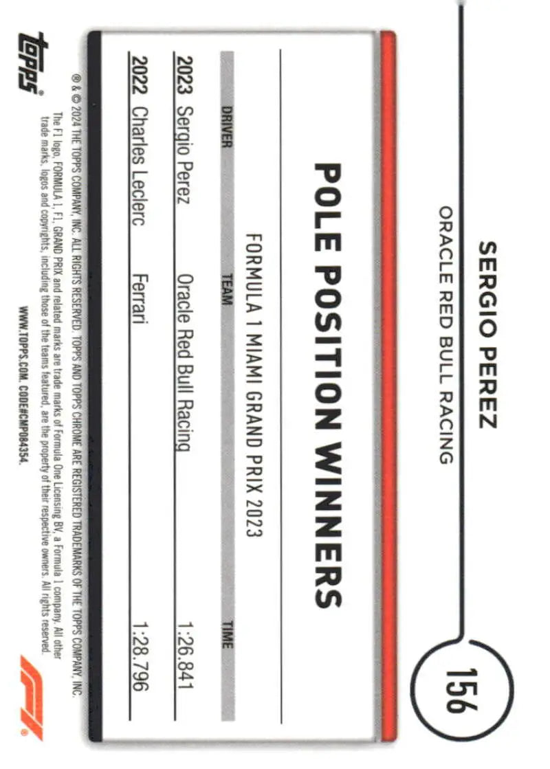 Formula 1 trading card of Sergio Perez from 2024 Topps Chrome featuring Oracle Red Bull Racing