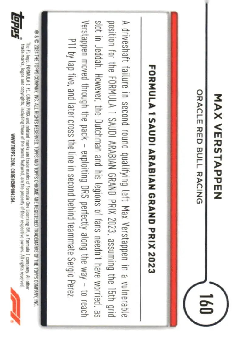 Max Verstappen trading card from 2024 Topps Chrome Formula 1 Oracle Red Bull Racing