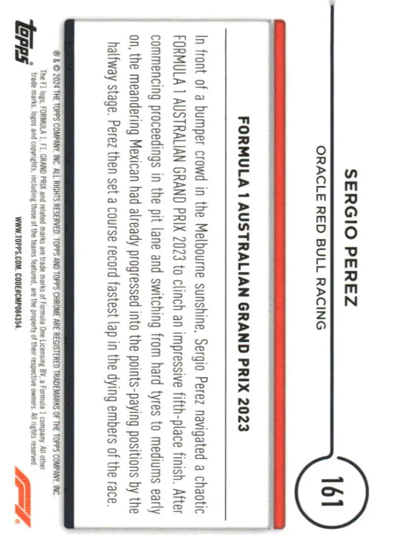 2024 Topps Chrome Formula 1 Sergio Perez Red Bull Racing trading card