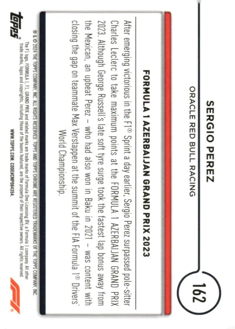 Sergio Perez Red Bull Racing Topps Chrome Formula 1 trading card 2024