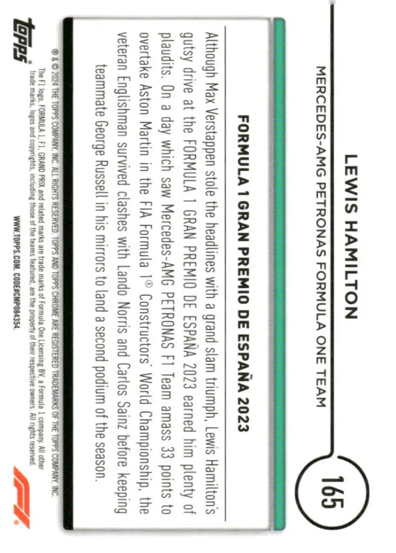 Lewis Hamilton Petronas Formula 1 trading card from 2024 Topps Chrome Mercedes-AMG Petronas