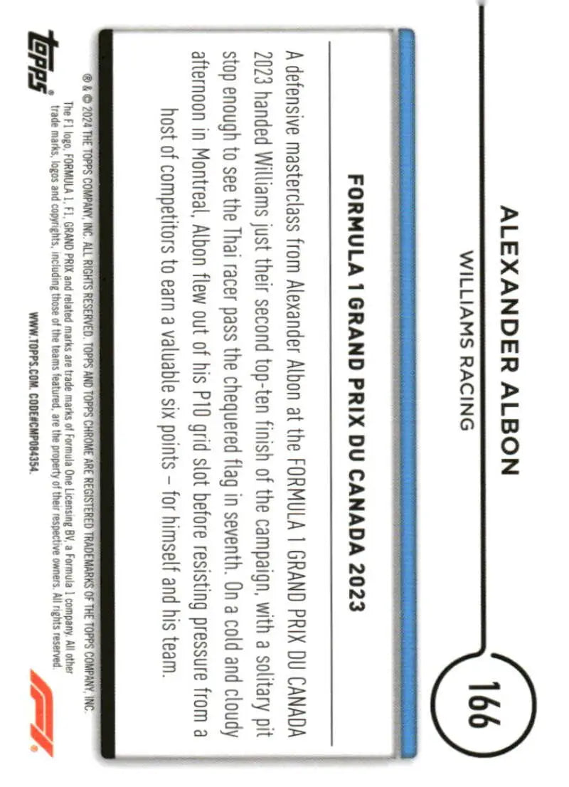 2024 Topps Chrome Formula 1 Alexander Albon Williams Racing trading card