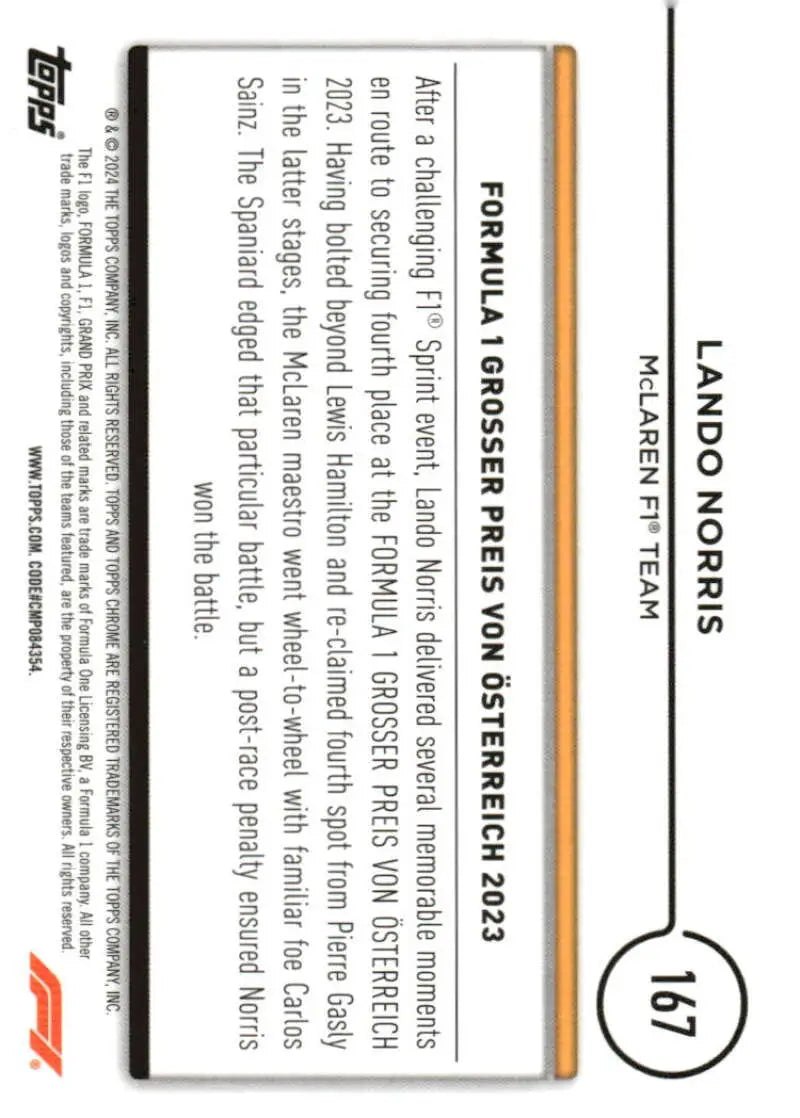 Formula 1 trading card featuring Lando Norris from 2024 Topps Chrome Formula McLaren F1 Team