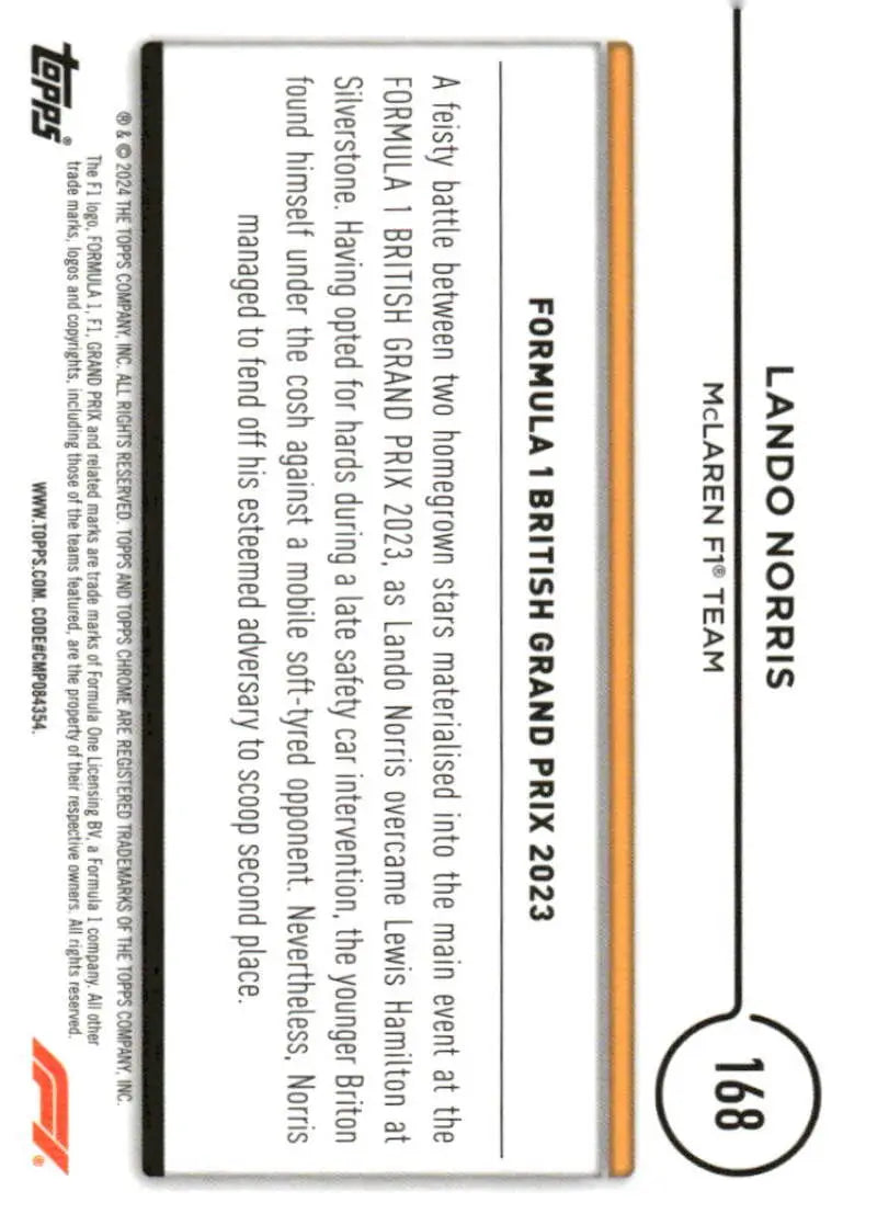 Lando Norris Topps Chrome Formula 1 trading card featuring McLaren F1 Team racing memorabilia