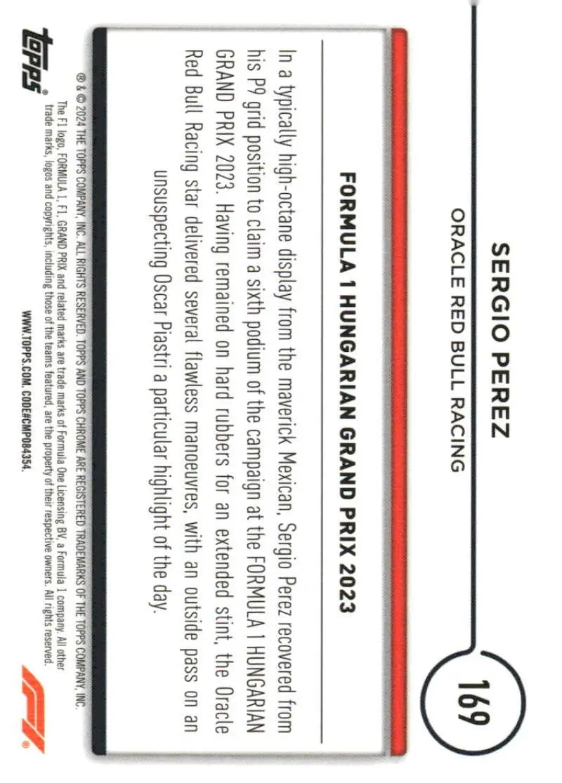 Sergio Perez Formula 1 trading card featuring Oracle Red Bull Racing team logo