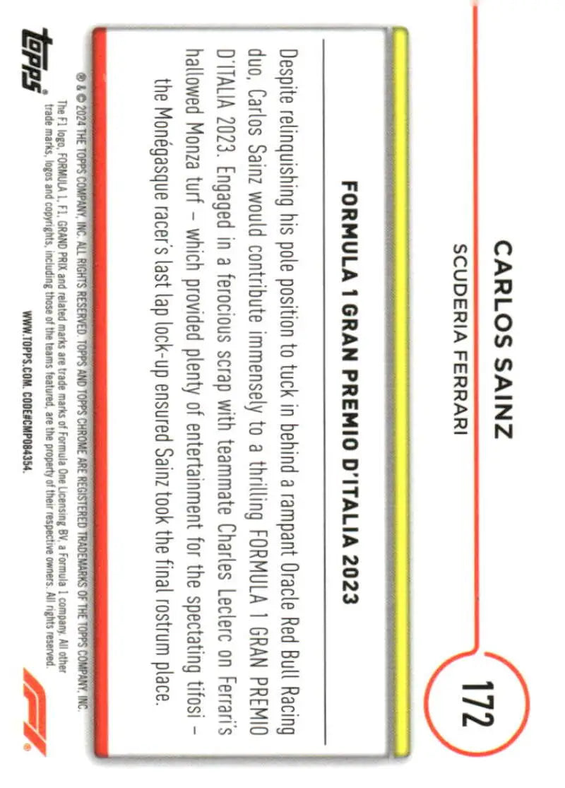 Carlos Sainz Ferrari HP Racing trading card from 2024 Topps Chrome F1 series