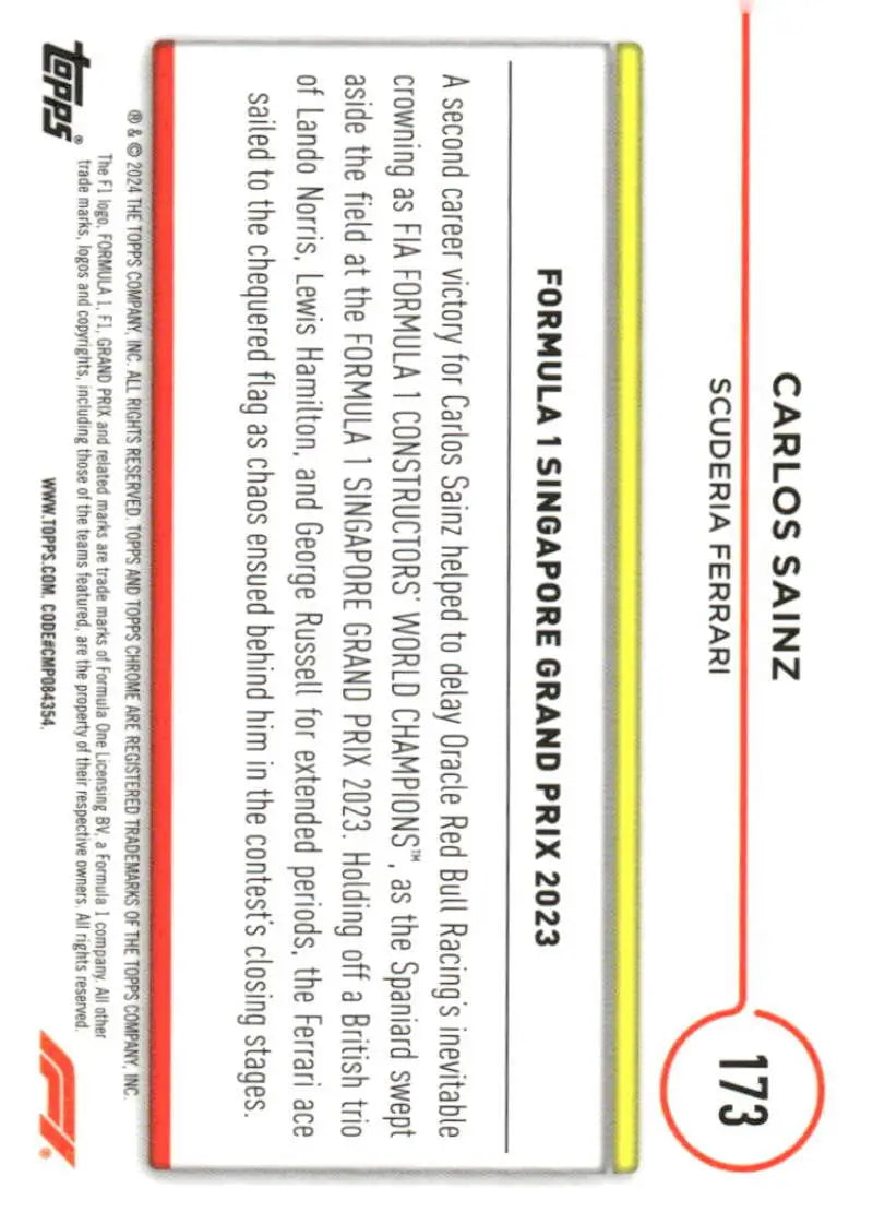 Carlos Sainz Formula 1 trading card from 2024 Topps Chrome Scuderia Ferrari collection