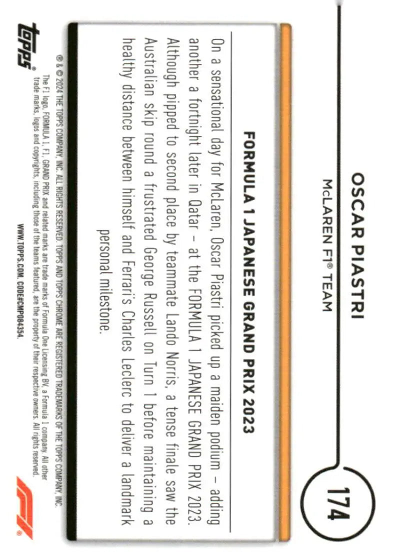 Oscar Piastri 2024 Topps Chrome Formula 1 trading card McLaren F1 Team racing card