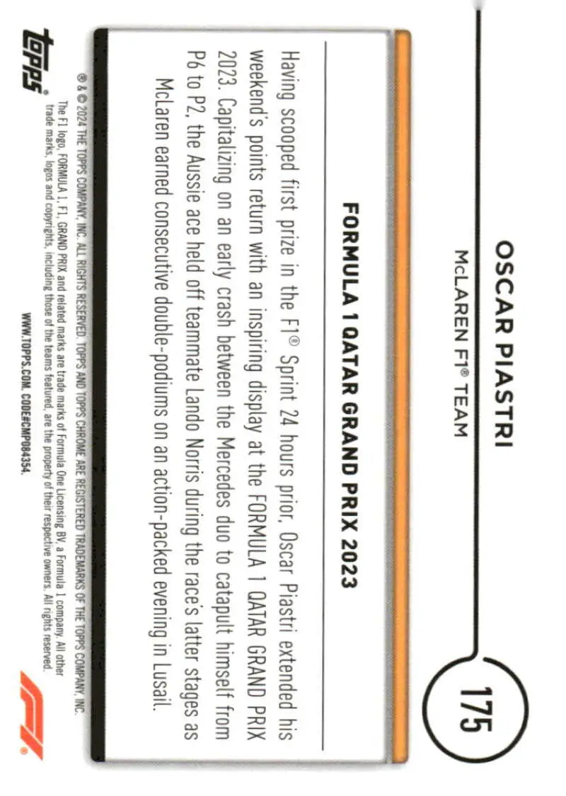 2024 Topps Chrome Oscar Piastri F1 trading card featuring McLaren F1 Team driver