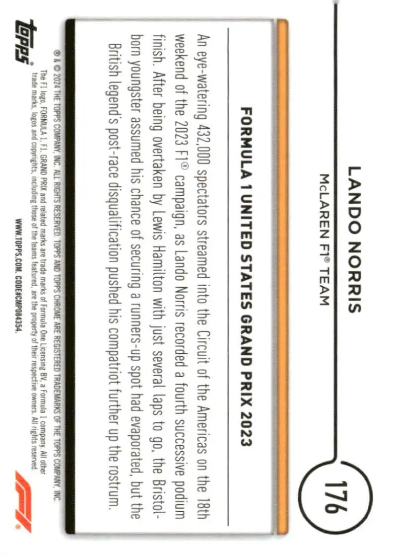 Formula 1 trading card featuring Lando Norris and McLaren F1 Team from Topps Chrome Formula