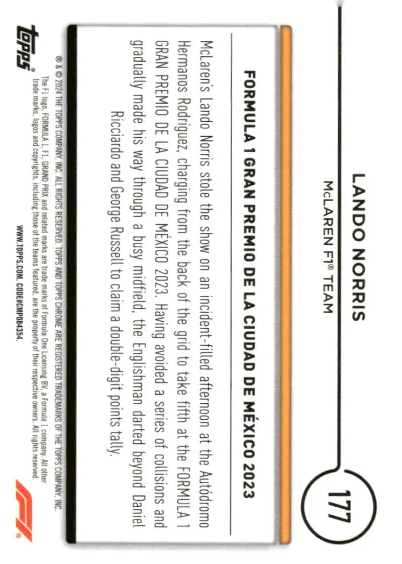 Lando Norris McLaren F1 Team trading card from 2024 Topps Chrome Formula series