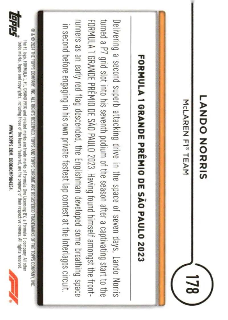 Formula 1 trading card featuring Lando Norris, McLaren F1 Team, Topps Chrome 2024