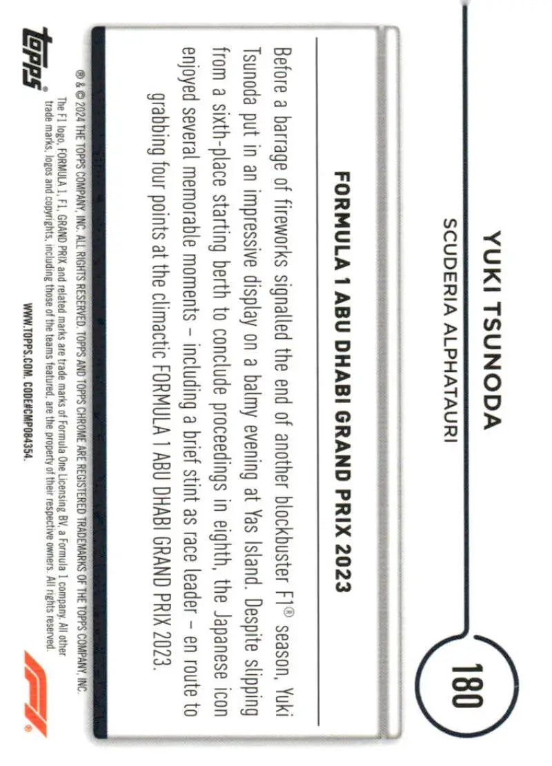 Yuki Tsunoda Topps Chrome Formula 1 trading card 2024 Scuderia AlphaTauri racing