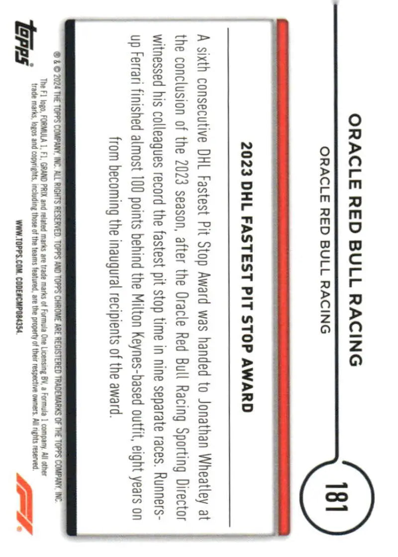 2024 Topps Chrome Formula 1 Oracle Red Bull Racing card showcasing Red Bull racing team memorabilia