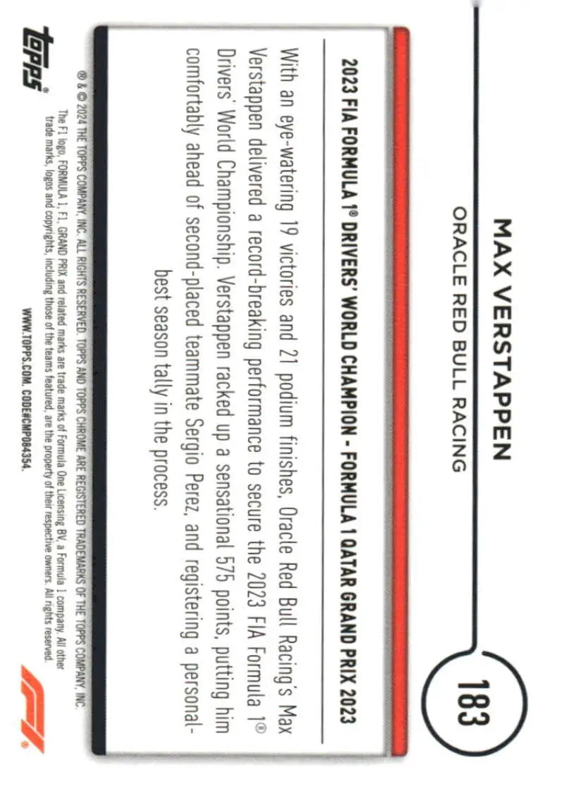 Max Verstappen trading card from 2024 Topps Chrome Formula 1 Red Bull Racing