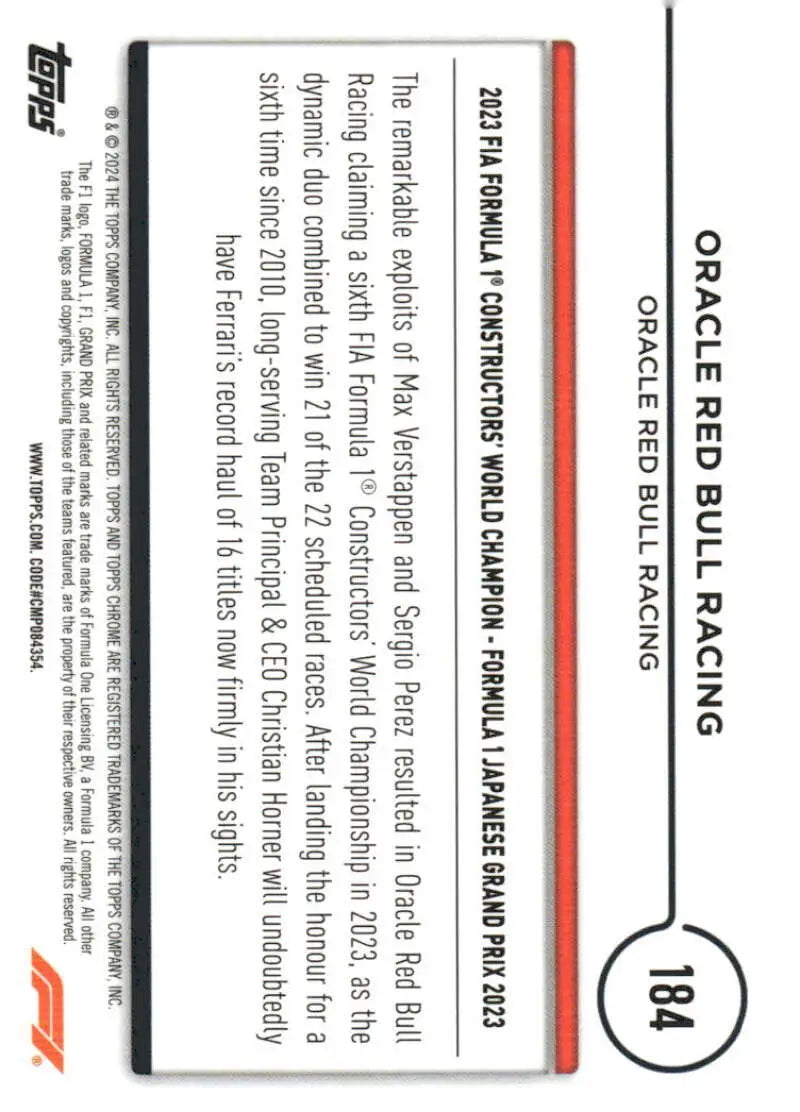 2024 Topps Chrome Formula 1 Oracle Red Bull Racing trading card featuring Oracle Red Bull Racing team