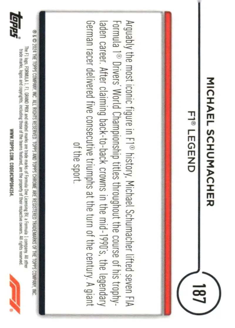 Michael Schumacher Topps Chrome Formula 1 trading card 2024 Topps Chrome Legend Racing