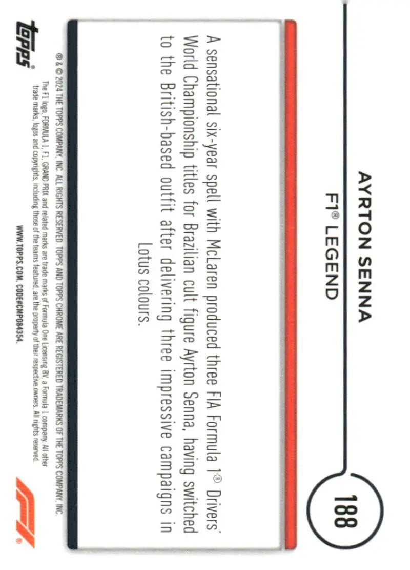 Ayrton Senna F1 trading card from 2024 Topps Chrome Formula 1 collection