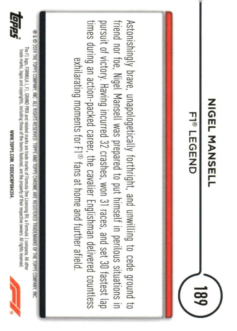 Nigel Mansell Topps Chrome Formula 1 racing card 2024 NM-MT Legend Racing Card