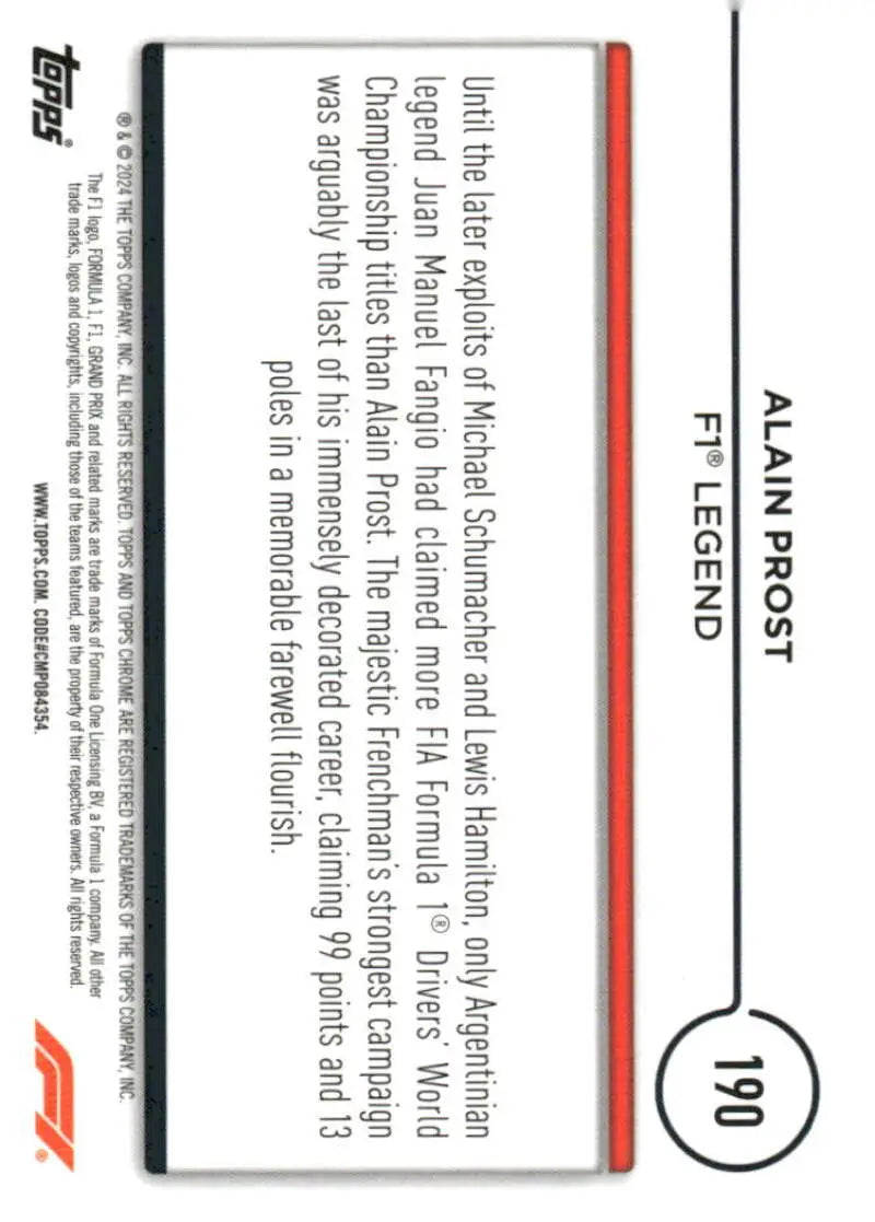 Alain Prost Topps Chrome Formula 1 Legend Racing Card 2024 NM-MT