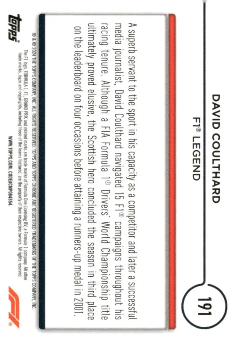 2024 Topps Chrome Formula 1 David Coulthard Legend Racing Card NM-MT