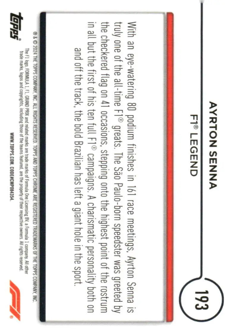 Ayrton Senna Topps Chrome Formula 1 Legend Racing Card featuring iconic design