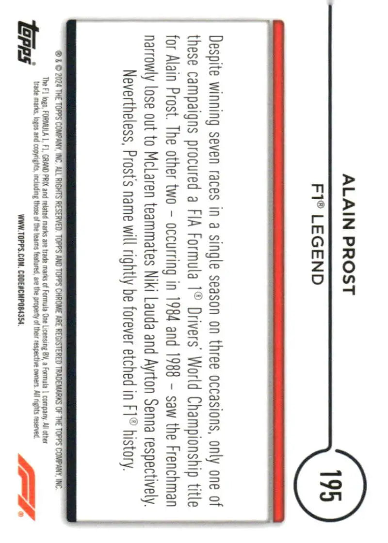 Alain Prost Topps Chrome F1 Racing Card 2024 Legend Series