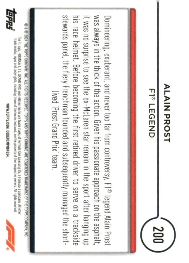 Alain Prost Topps Chrome Formula 1 racing card #200 in NM-MT condition