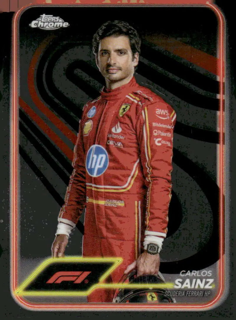 Carlos Sainz F1 trading card from 2024 Topps Chrome Scuderia Ferrari HP Racing series