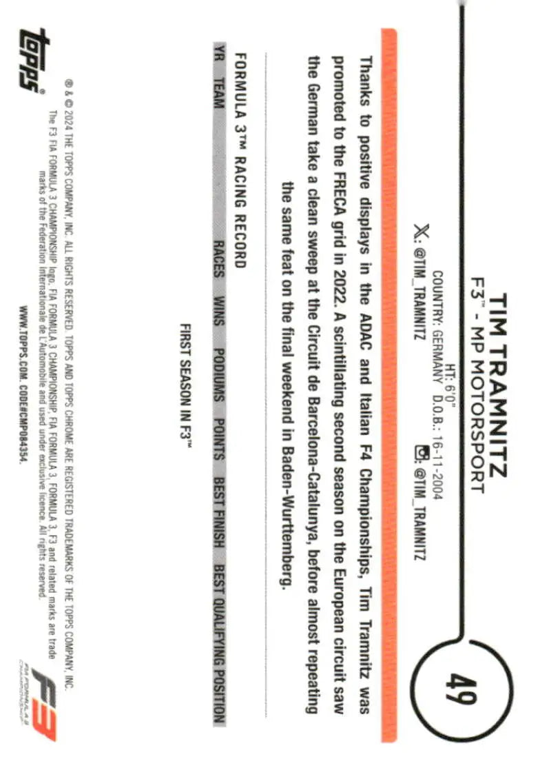 2024 Topps Chrome Formula 1 Tim Tramnitz Racing Card featuring Formula 3 car image