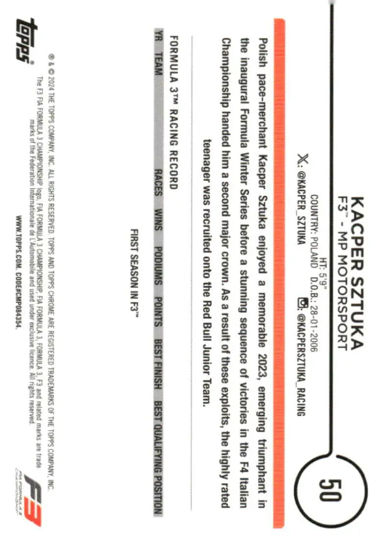 Kacper Sztuka Topps Chrome Formula 1 racing card 2024 F3 MP Motorsport player