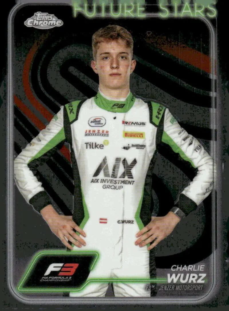 Trading card featuring Charlie Wurz race car driver from Jenzer Motorsport in 2024 Topps Chrome F1