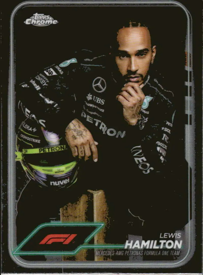 Lewis Hamilton trading card from 2024 Topps Chrome Formula 1 series featuring Mercedes-AMG Petronas team