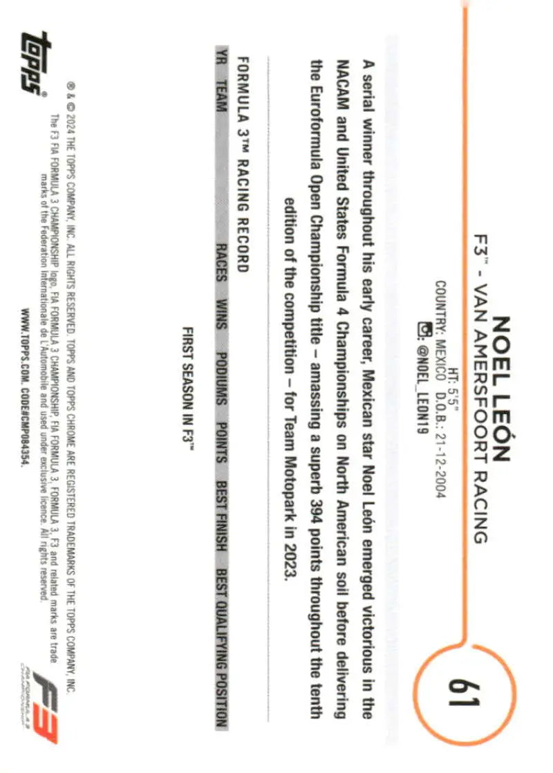 2024 Topps Chrome Formula 1 Noel Leon Van Amersfoort Racing racing card