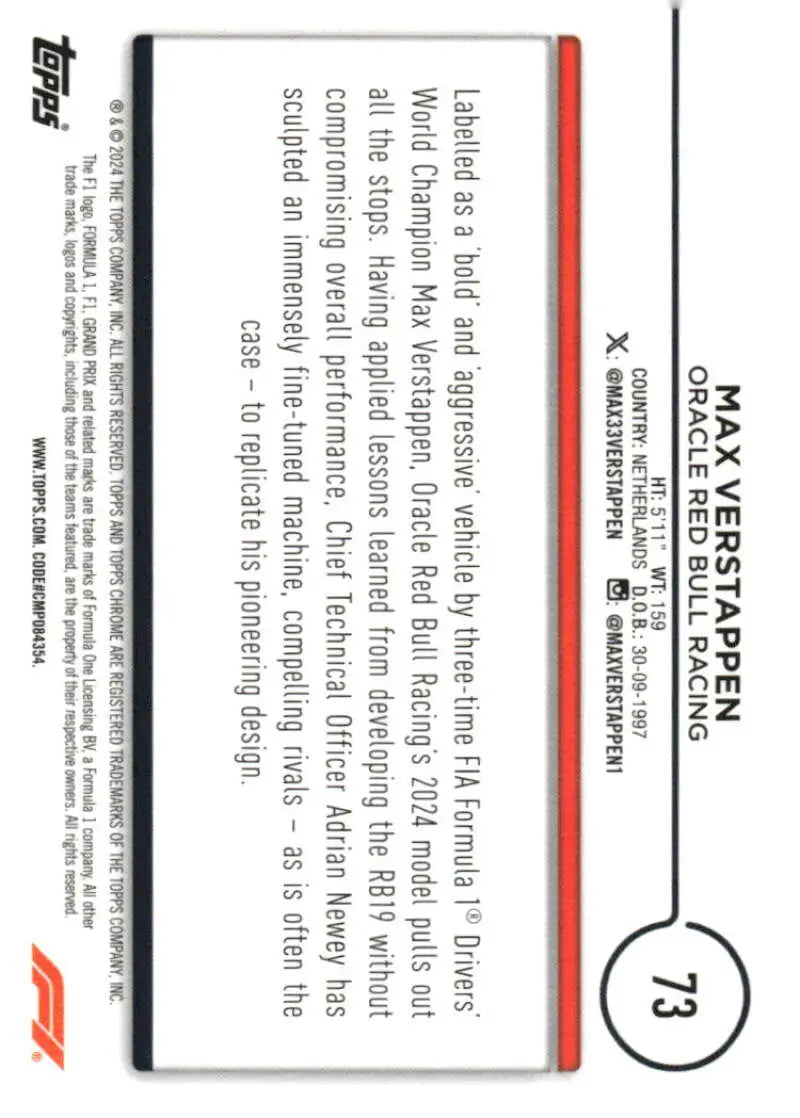 Formula 1 trading card featuring Max Verstappen from Oracle Red Bull Racing