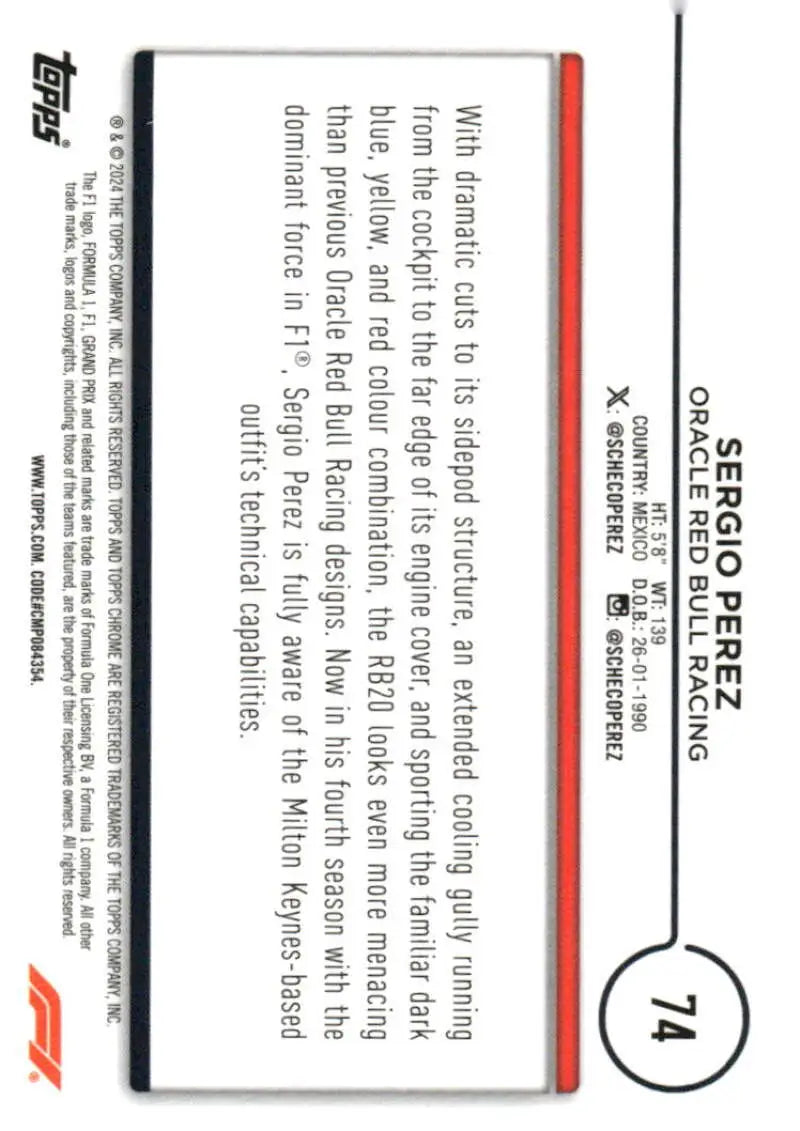 Sergio Perez trading card from 2024 Topps Chrome Oracle Red Bull Racing collection