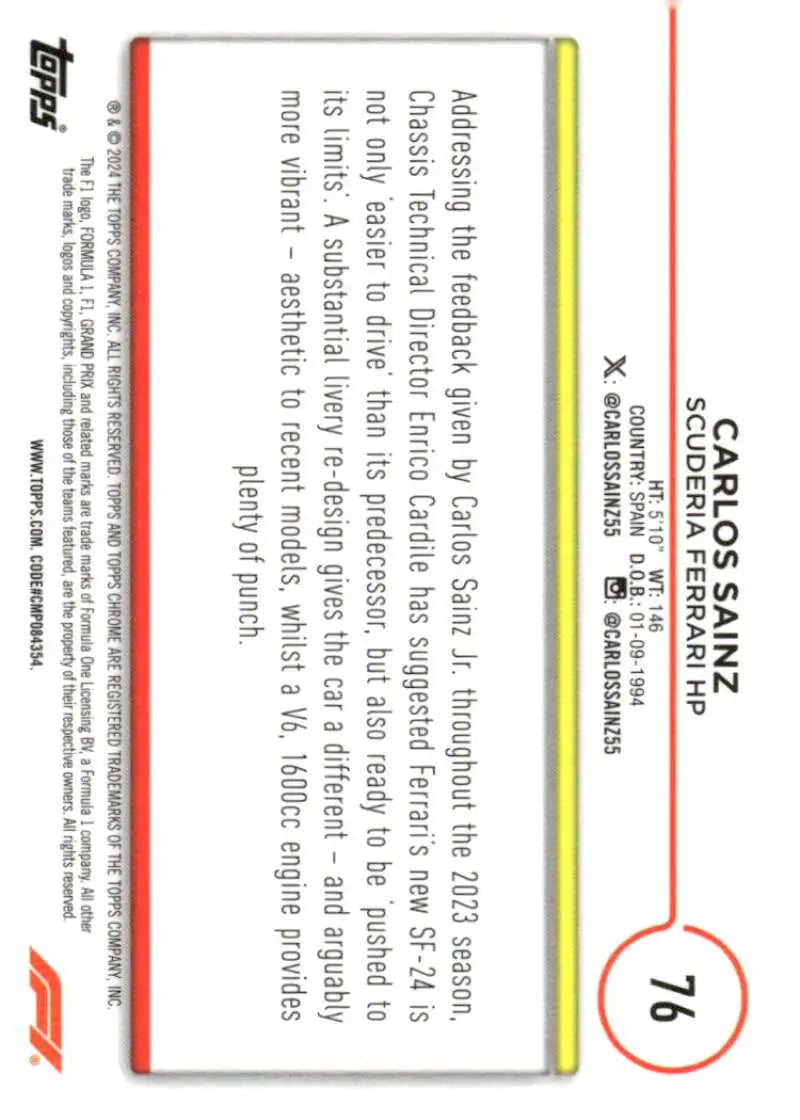 Carlos Sainz trading card from 2024 Topps Chrome Ferrari HP Racing collection