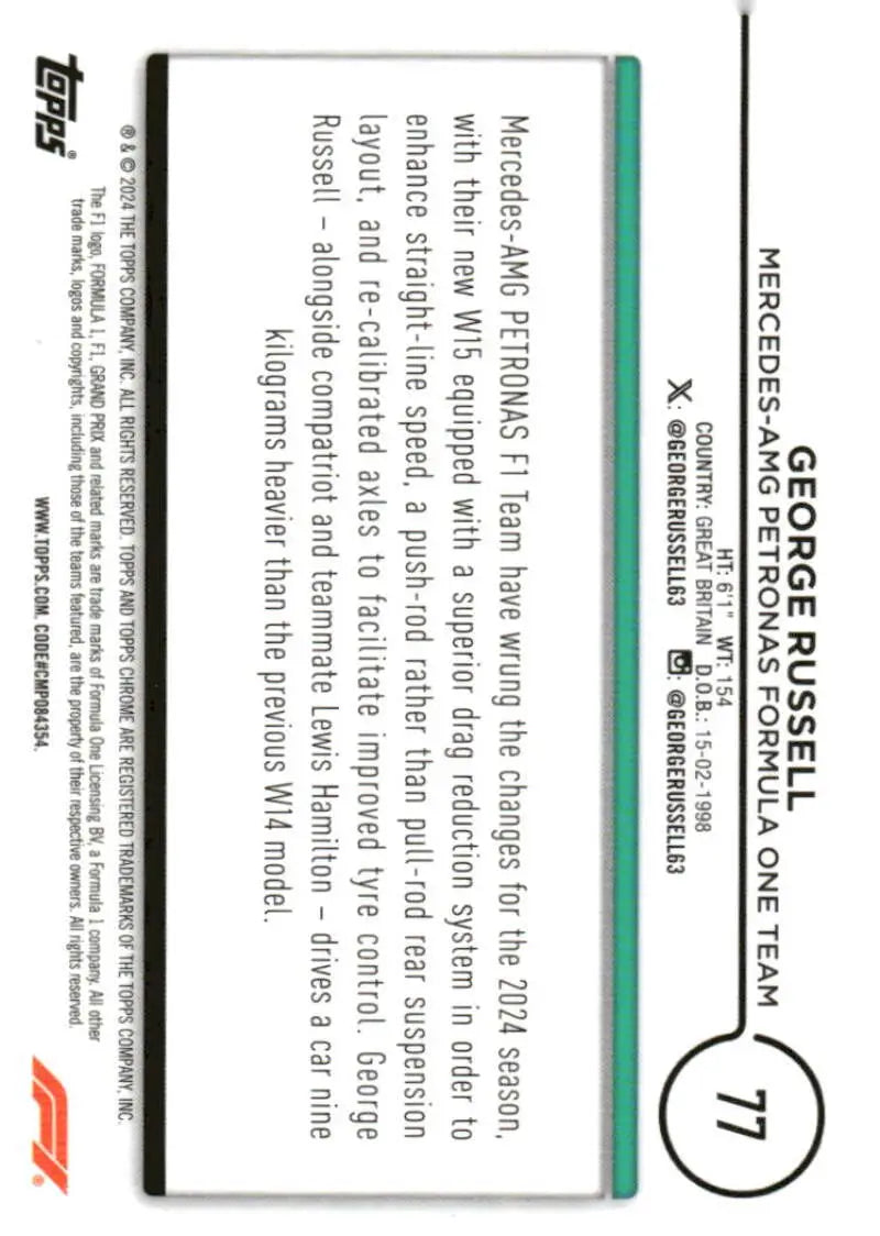 George Russell Topps Chrome Formula 1 #77 trading card for Mercedes-AMG Petronas Team