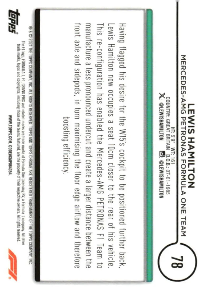 Lewis Hamilton trading card 2024 Topps Chrome Formula 1 Petronas Mercedes team racing card