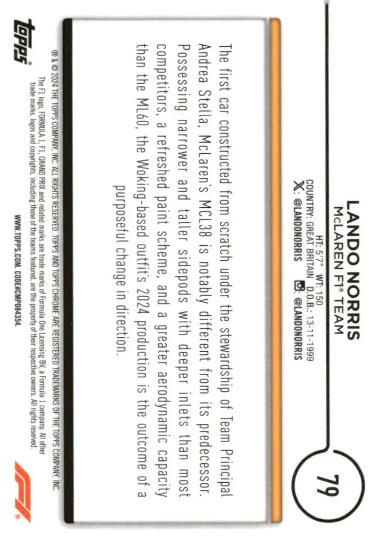 Lando Norris trading card from 2024 Topps Chrome McLaren F1 Team racing series