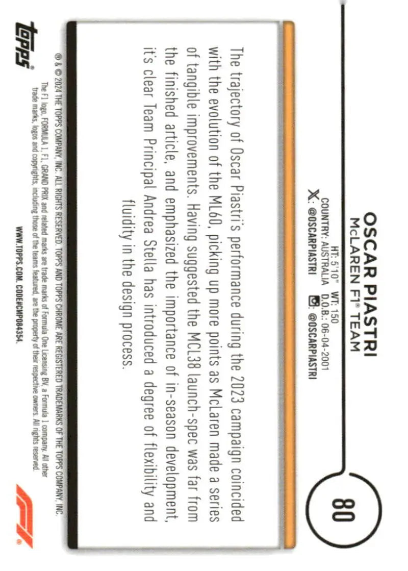 2024 Topps Chrome Formula 1 Oscar Piastri trading card featuring McLaren F1 Team design