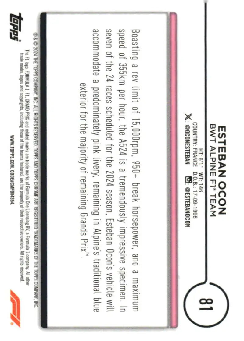 Esteban Ocon Formula 1 trading card featuring BWT Alpine F1 Team racing design