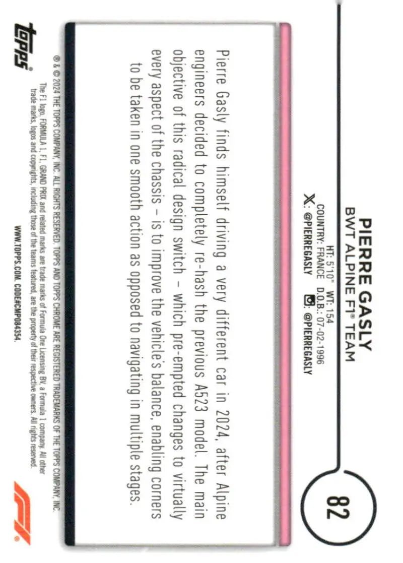 Formula 1 trading card featuring Pierre Gasly from BWT Alpine F1 Team 2024 Topps Chrome