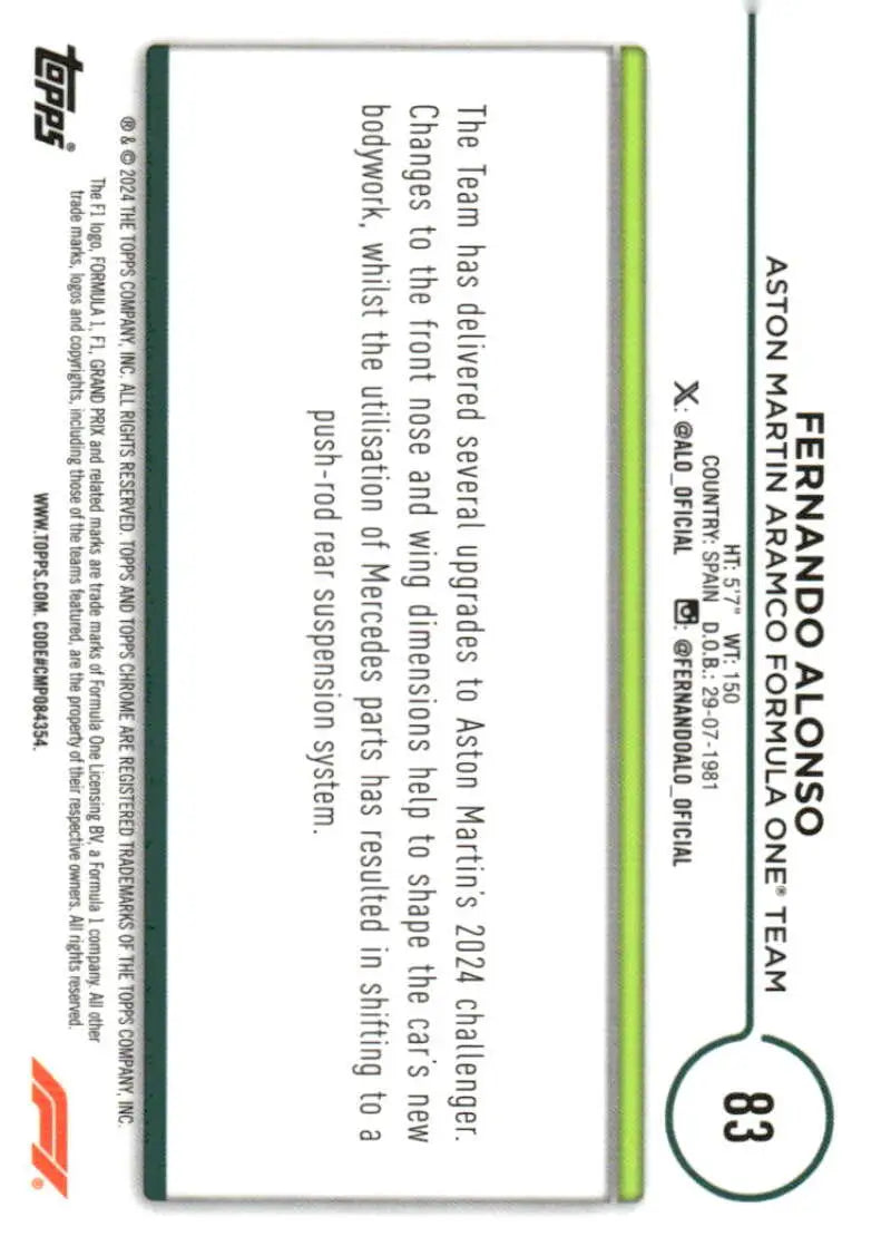 Fernando Alonso trading card from 2024 Topps Chrome Formula 1 collection