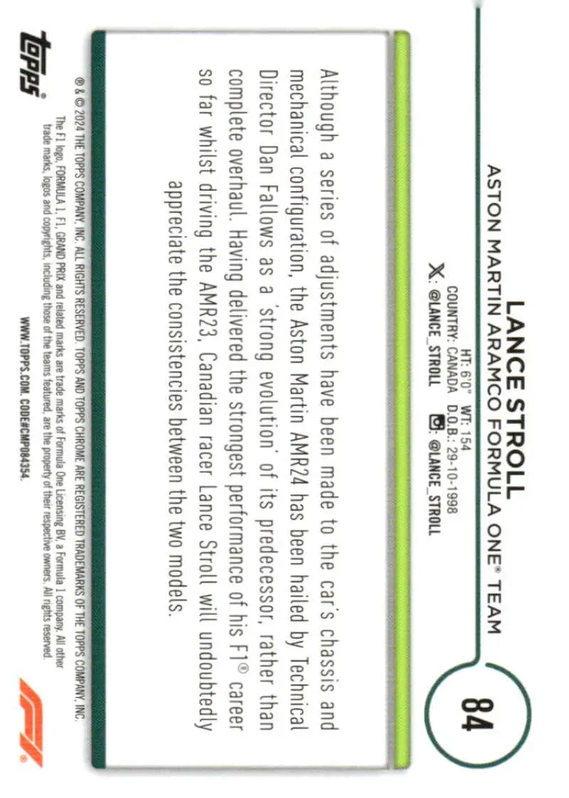 Lance Stroll 2024 Topps Chrome Formula 1 trading card featuring Aston Martin team