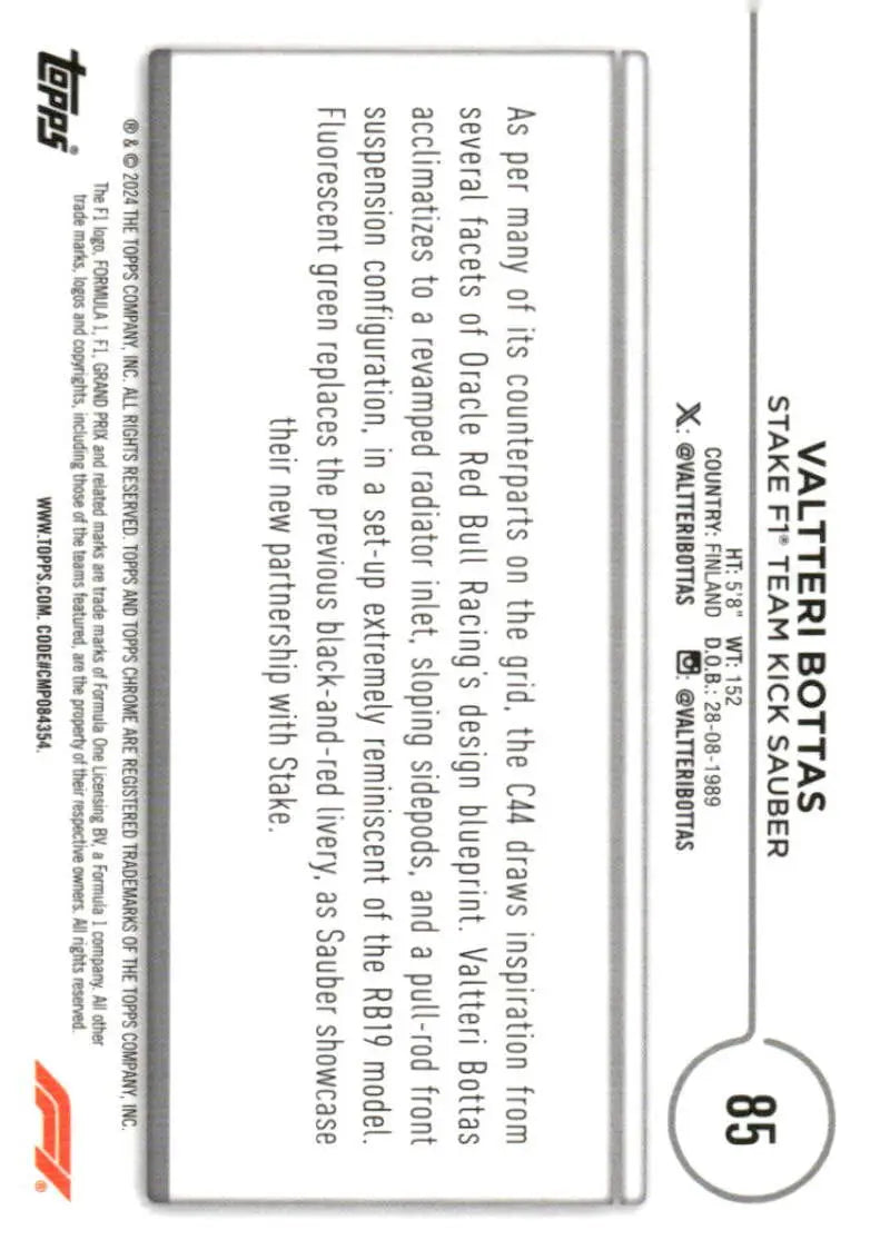 Valtteri Bottas trading card from 2024 Topps Chrome Kick Sauber Racing series 85 NM-MT